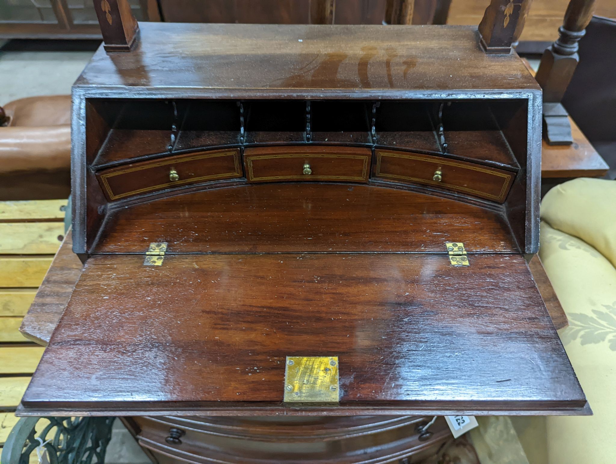 An Edwardian style inlaid mahogany toilet mirror / bureau, width 42cm, depth 25cm, height 76cm